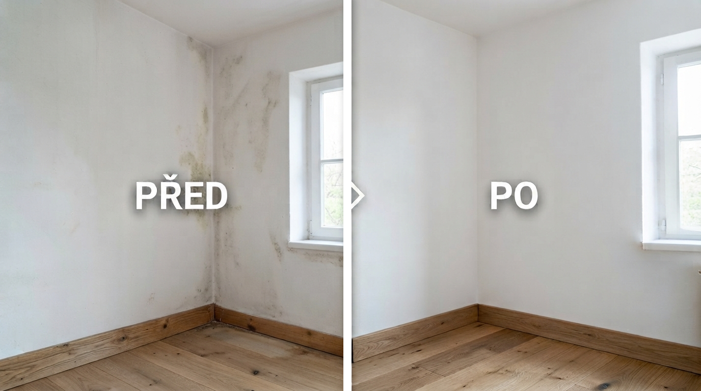 Srovnávací fotografie zdi s plísní před a po instalaci infrapanelu